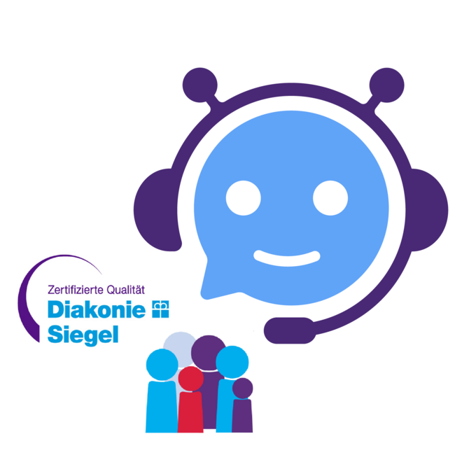Grafik eines lächelnden Chatbot-Icons in Form eines blauen Sprechblasen-Gesichts mit Kopfhörern und Antennen, daneben das Diakonie Siegel Logo'. Das Bild symbolisiert die Unterstützung durch einen digitalen Assistenten im Kontext kirchlich-diakonischer Qualitätsentwicklung.