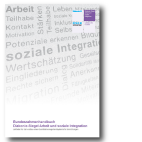 Titelblatt des Bundesrahmenhandbuchs Diakonie-Siegel Arbeit und soziale Integration mit Wortwolke zu Themen wie Teilhabe, soziale Integration und Wertschätzung